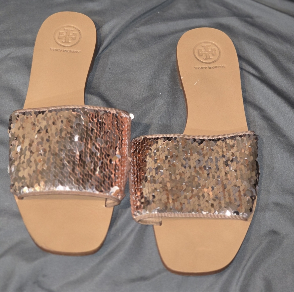 Tory Burch Gold Sequin Slide Sandals